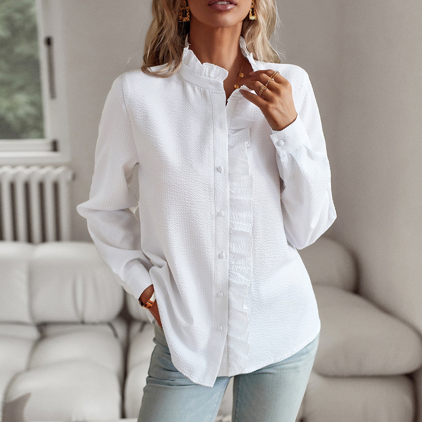 Women's blouse with ruffle details and stand-up collar, size