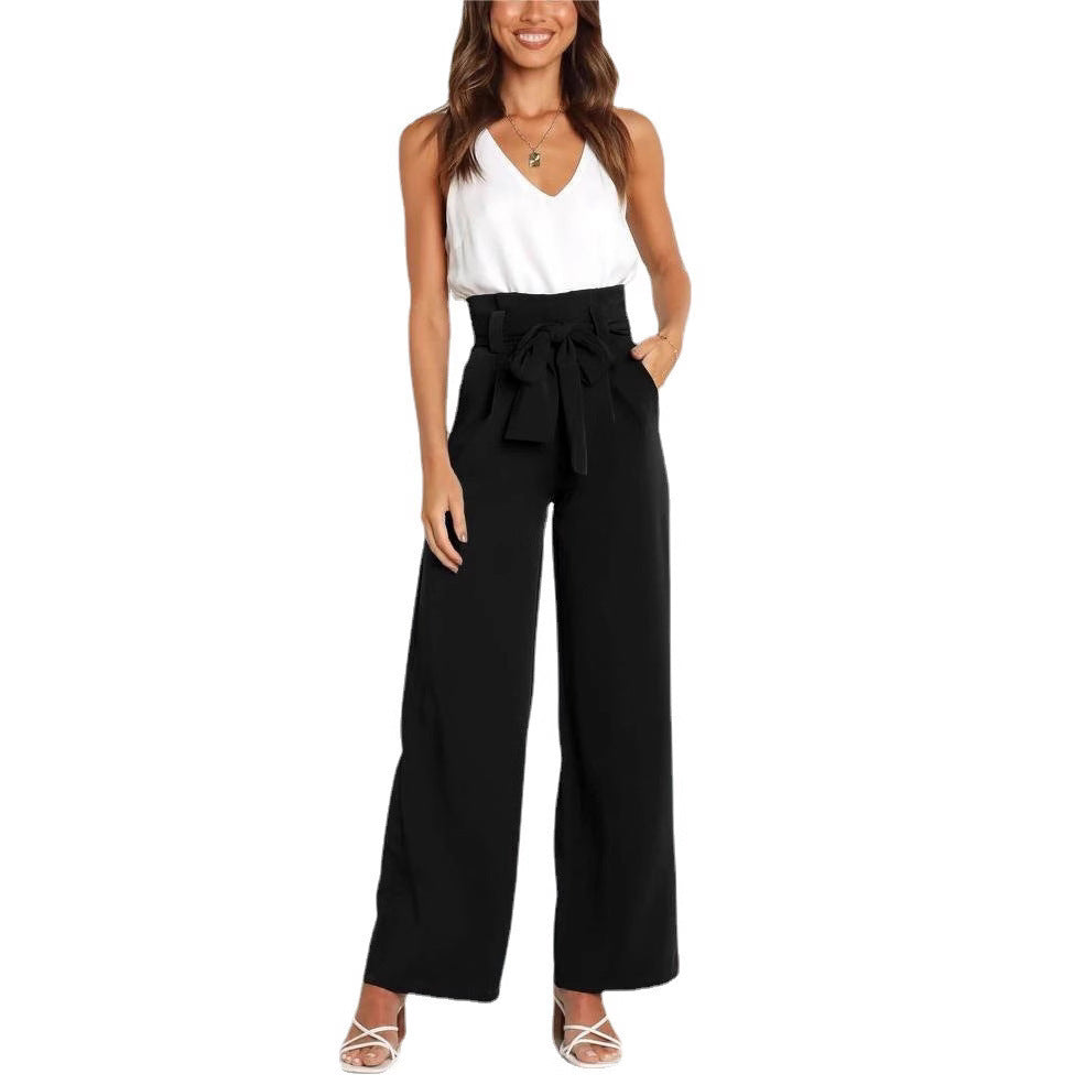 Women's elegant wide-leg trousers with waist belt, size