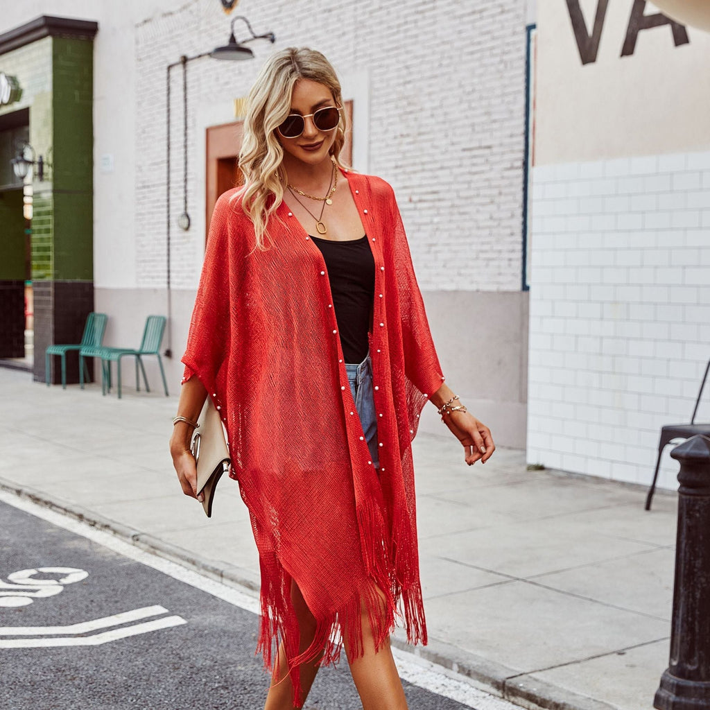 Women's transparent kaftan with fringed edges and elegant design, size Valenzora