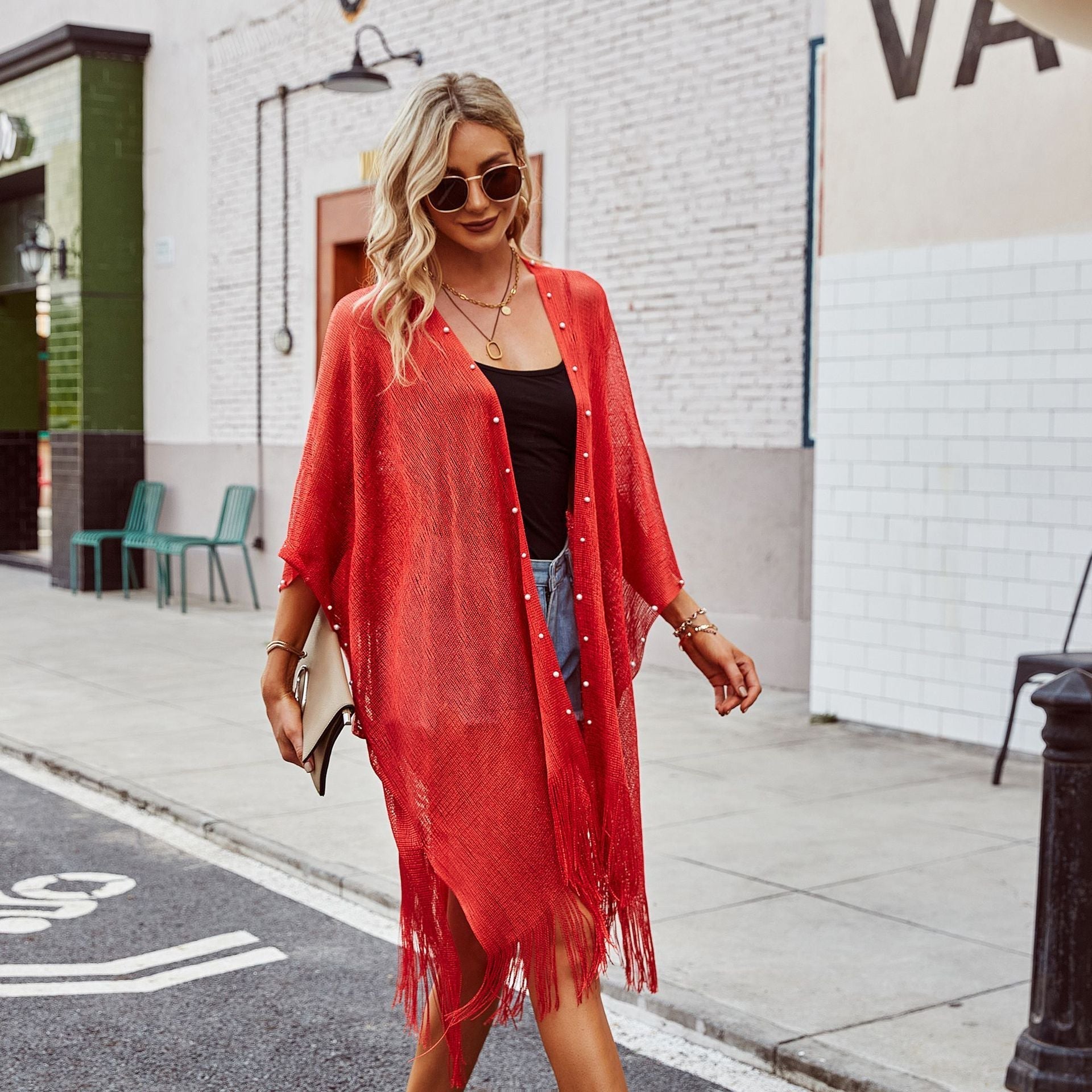 Women's transparent kaftan with fringed edges and elegant design, size Valenzora