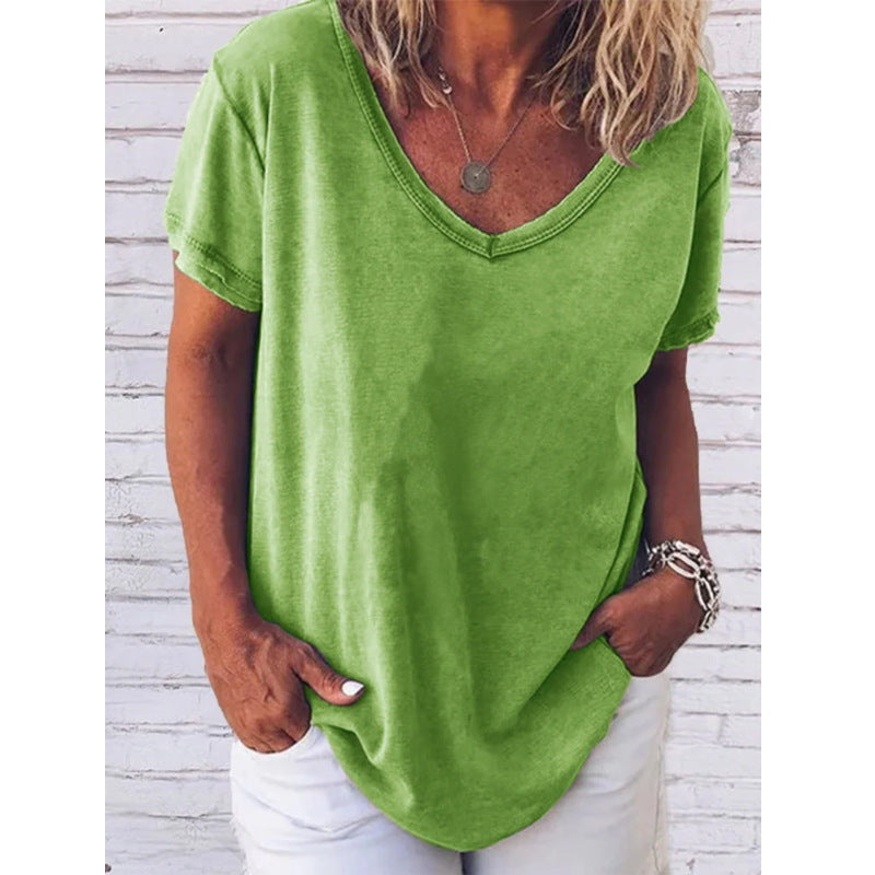 Valenzora | Jada V-neck short sleeve solid color T-shirt