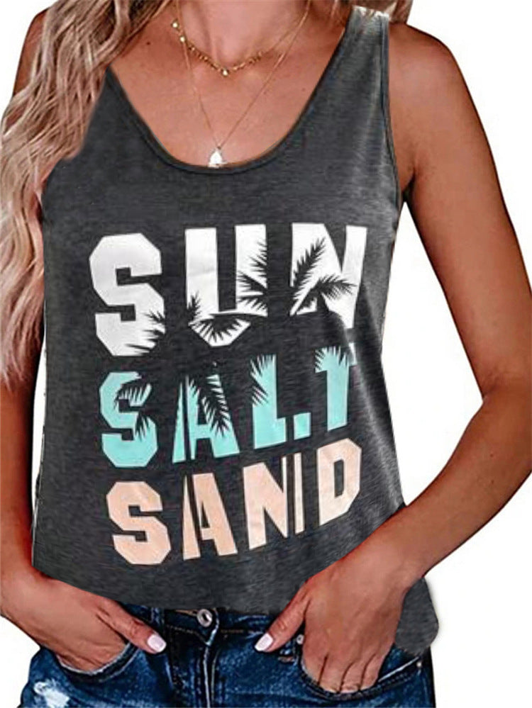 Women's sleeveless casual shirt with trendy graphic design, size