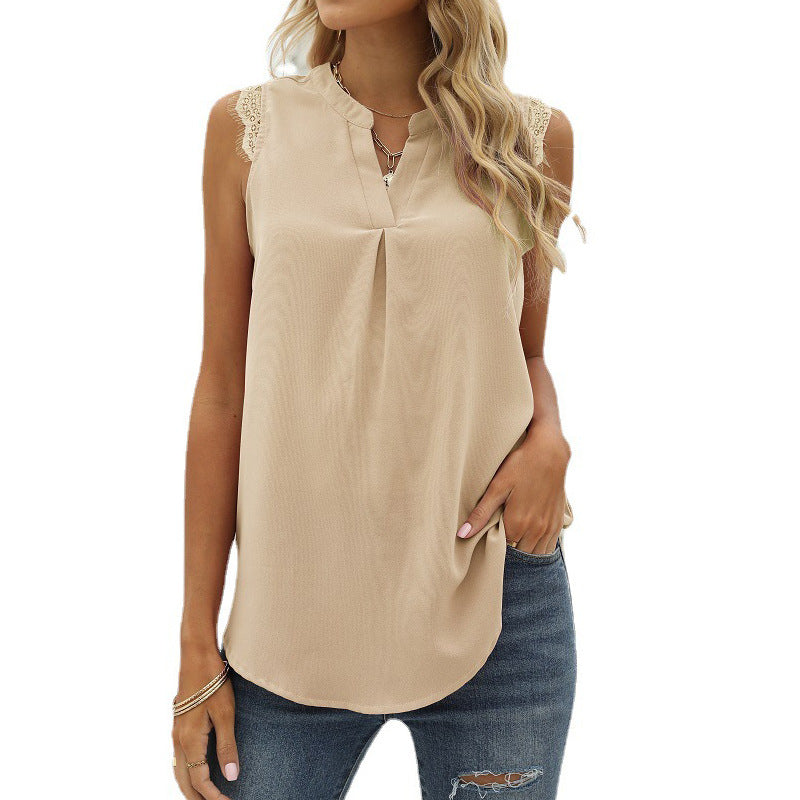 Damen-Bluse ärmellos mit eleganter Spitzen-Einlage und modischen Fältchen, Größe