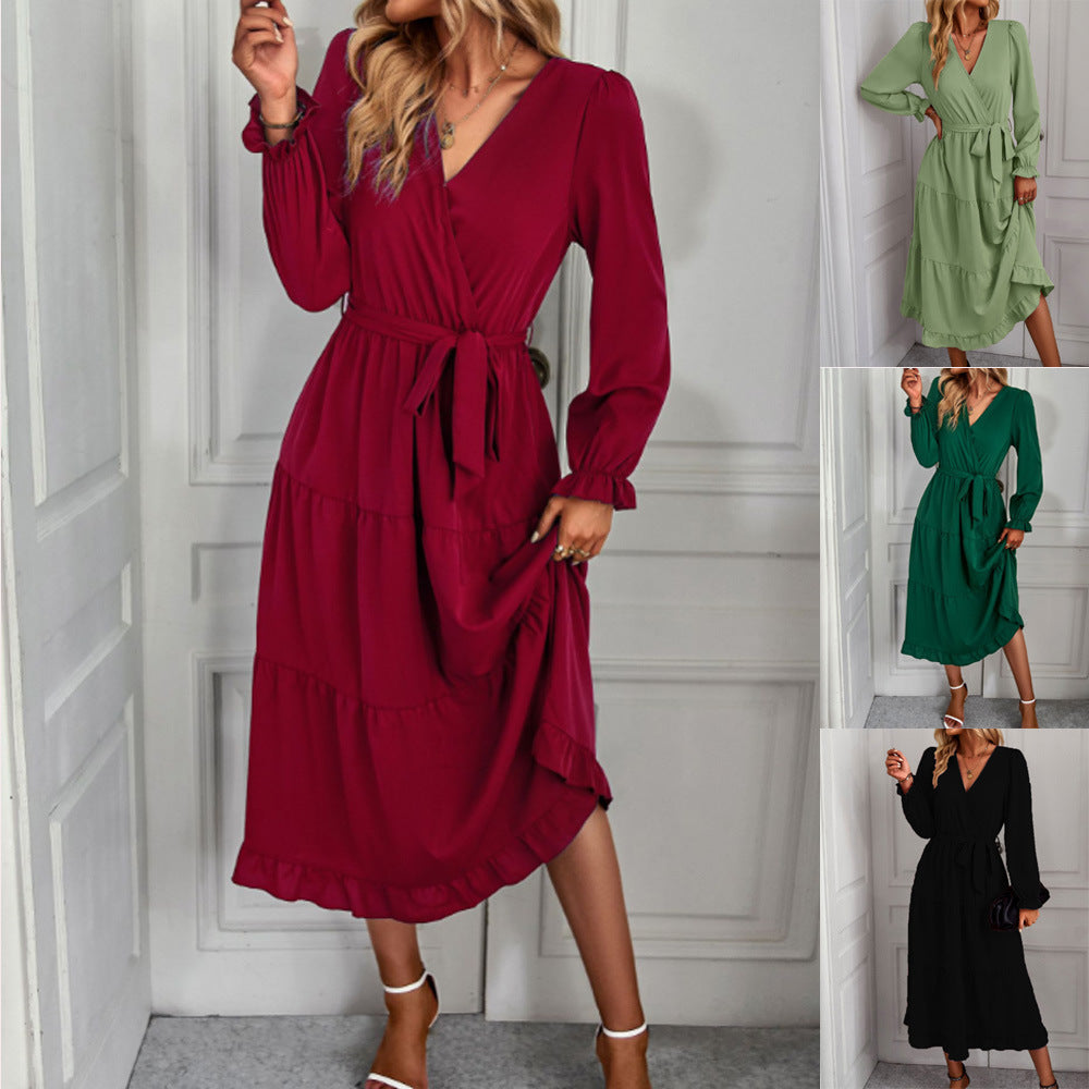 Women's wrap dress with ruffle details and elegant puff sleeves, size [size missing]