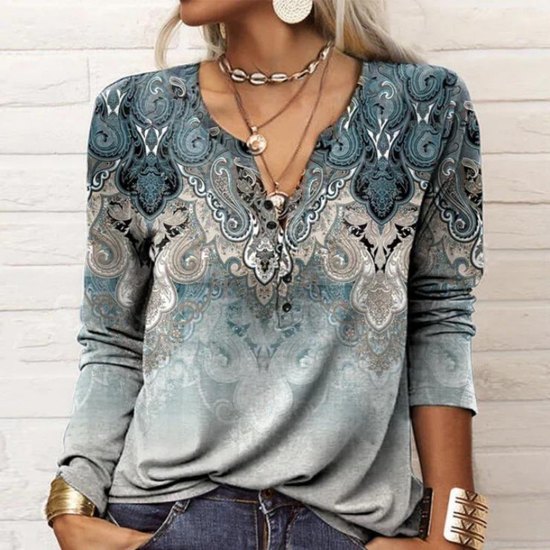Damen Langarmshirt mit Detaildruck und Knopfleiste, Größe