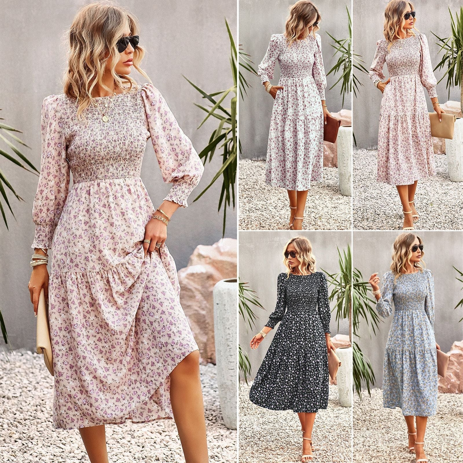 Florales Midikleid für Damen mit Raffung in der Taille und langen Ärmeln, Größe