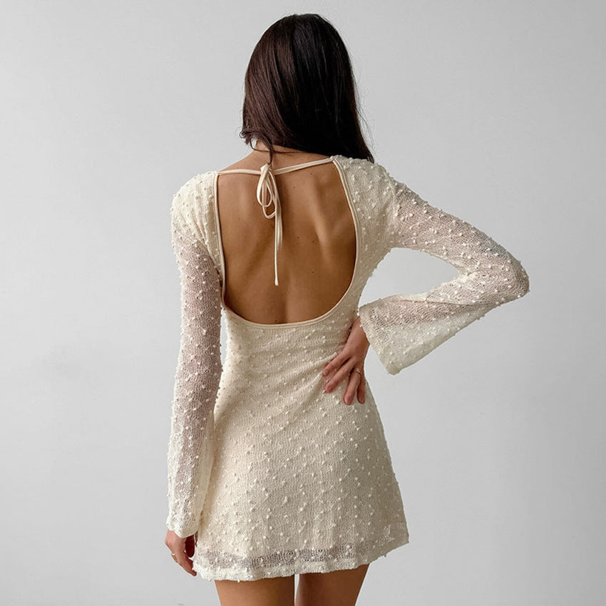 Valenzora | Jacquard Mini Dress, Fitted Silhouette, Round Neck, Long Sleeves, Backless, With Bow