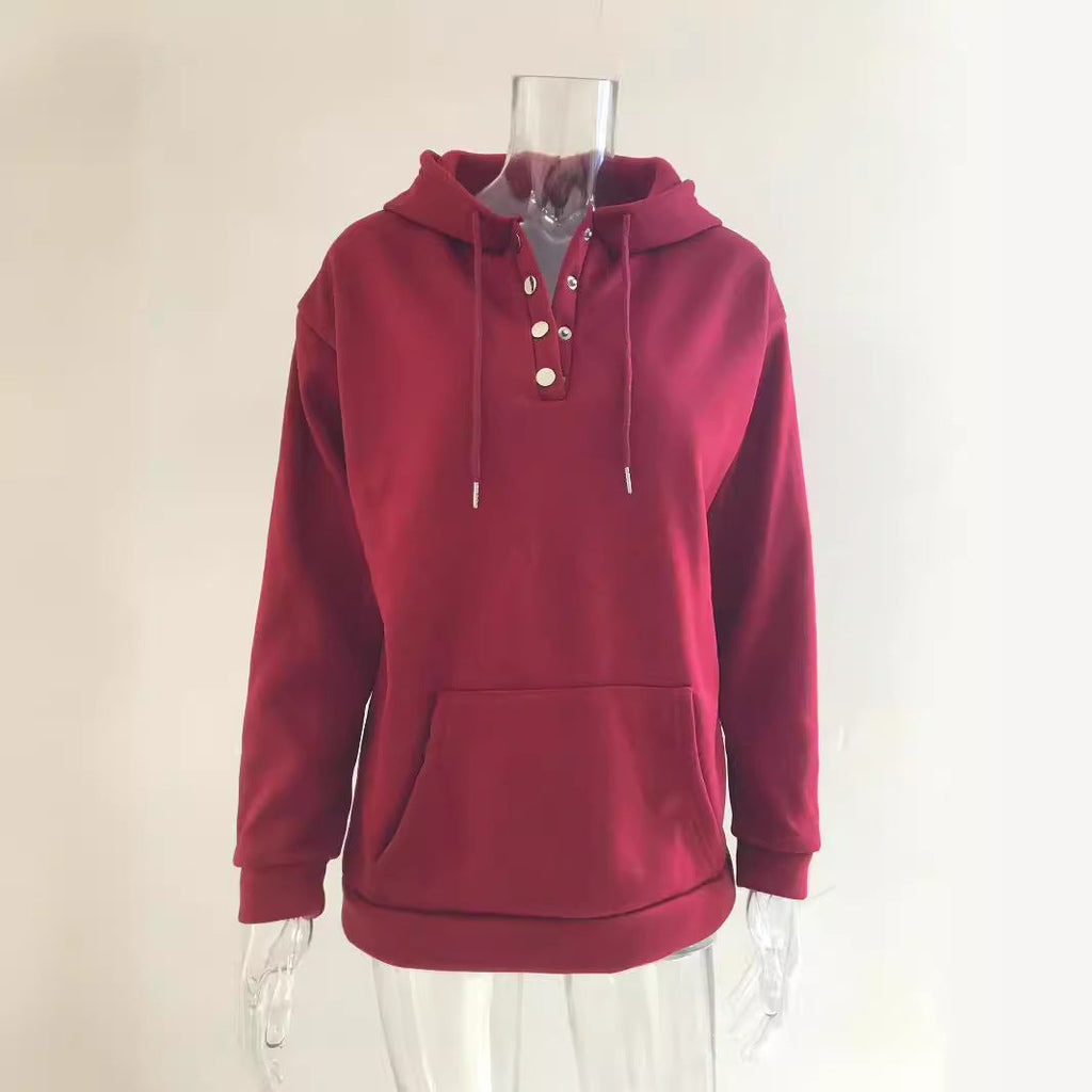 Women's hooded sweatshirt with button placket and relaxed fit, size