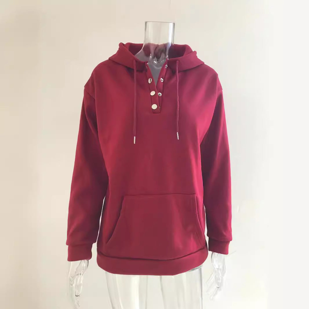 Women's hooded sweatshirt with button placket and relaxed fit, size