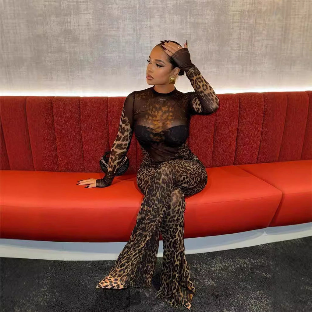 Valenzora | Leopard print long-sleeved top and pants set