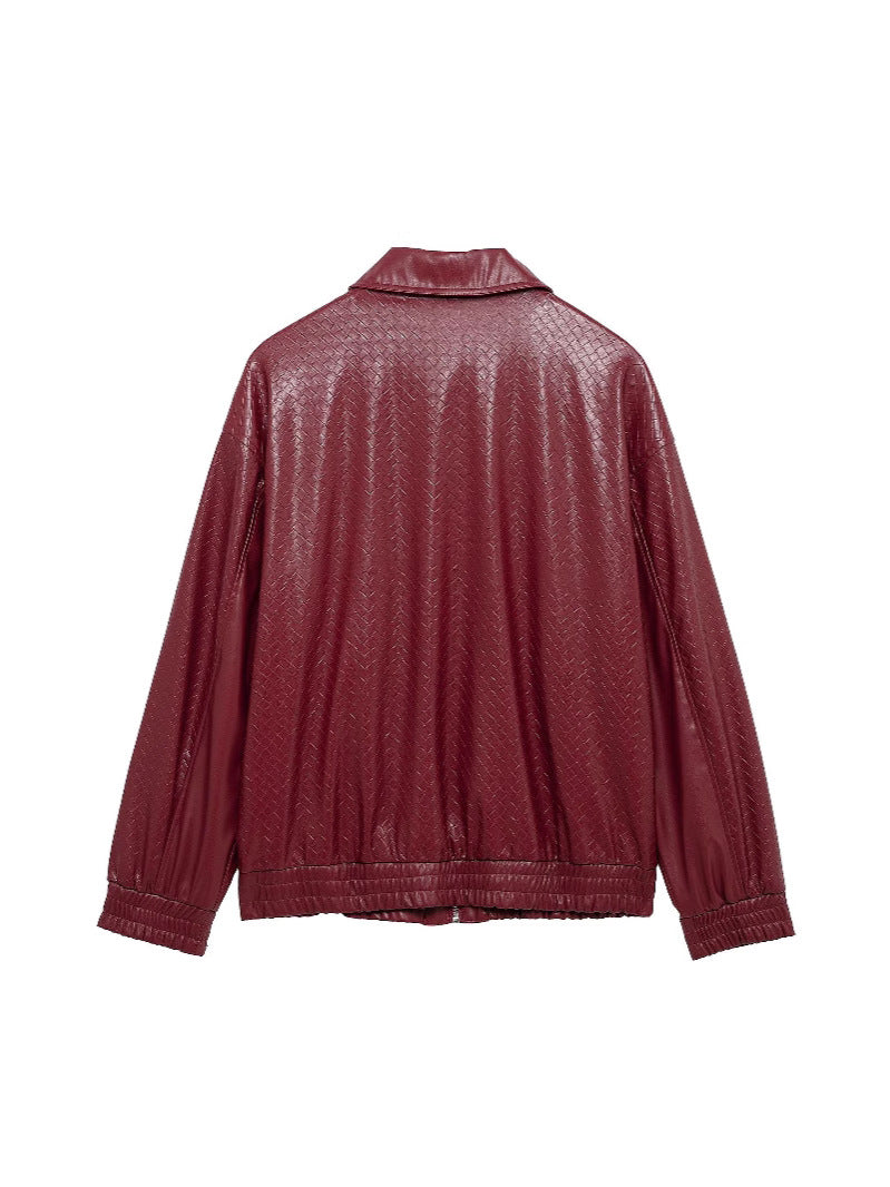 Valenzora | Woven Faux Leather Bomber Jacket