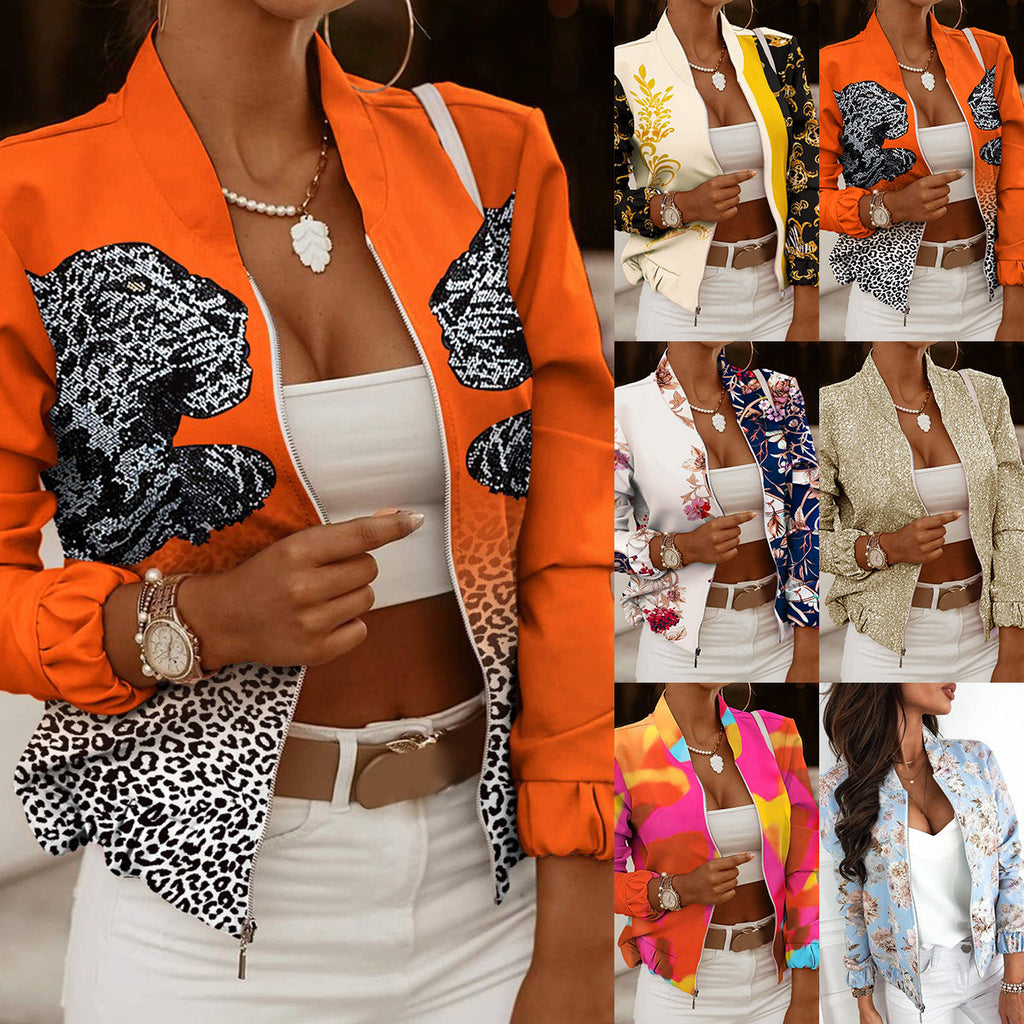 Women's sporty bomber jacket with floral design and contrasting sleeve accents, size Valenzora