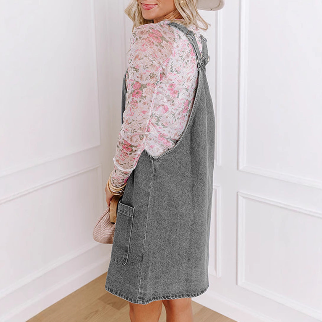 Women's denim dungaree dress with practical pockets and button details Drune