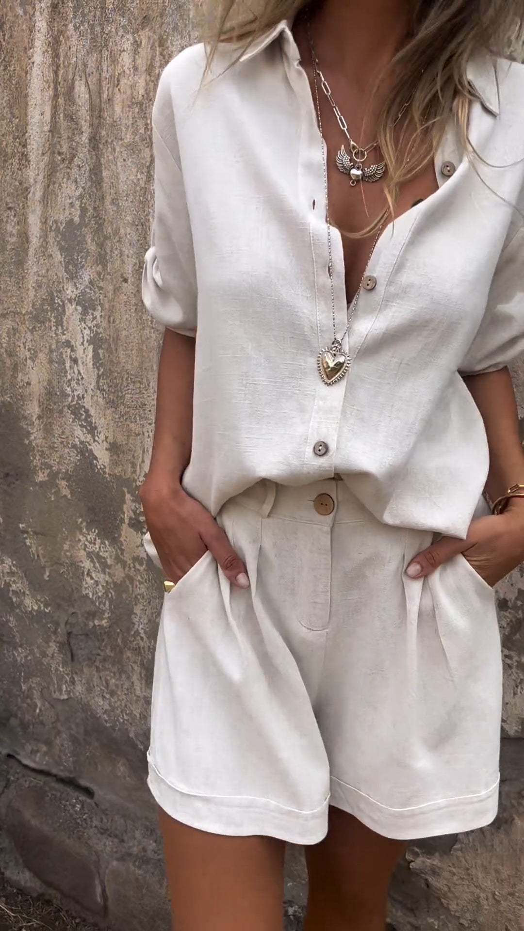Women's casual jumpsuit with button-fastened top and practical drawstring waist