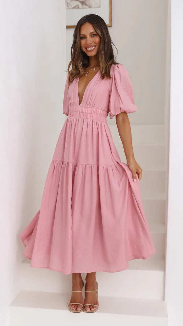 Valenzora | Lässige Trends Sommer V-Ausschnitt Figurbetontes Taillenkleid Midilänge