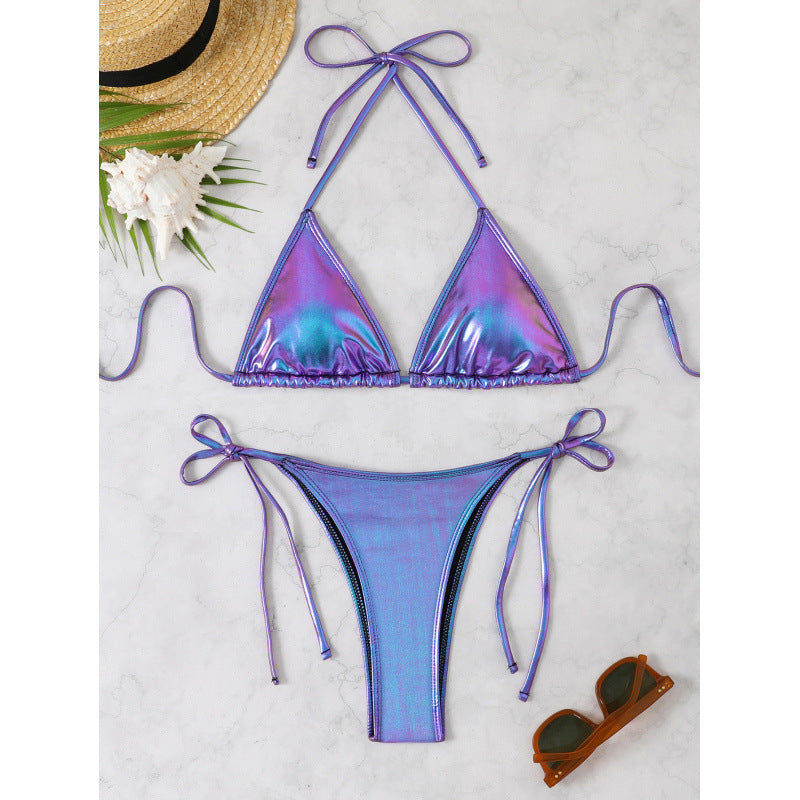 Women's triangle bikini with sparkling metallic finish and adjustable straps, size [size]