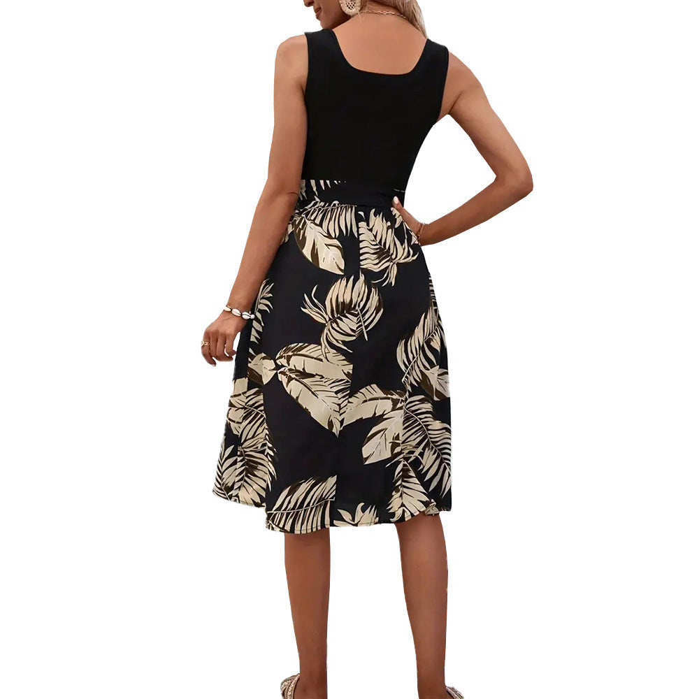 Women's midi dress with decorative bow and elegant palm print, size