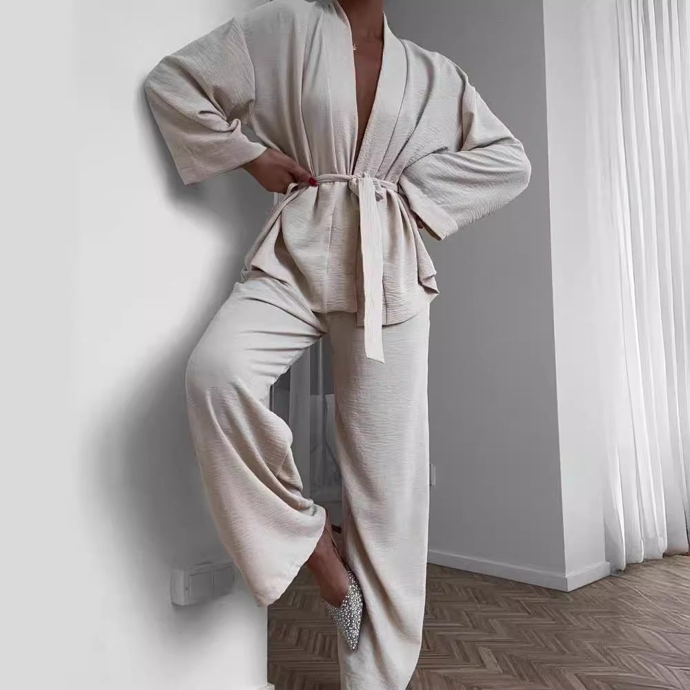 Women's casual kimono set with a wide cut and elastic waistband, size S
