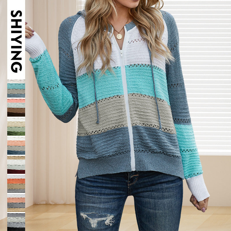Women's casual cardigan with hood and decorative openwork pattern, size