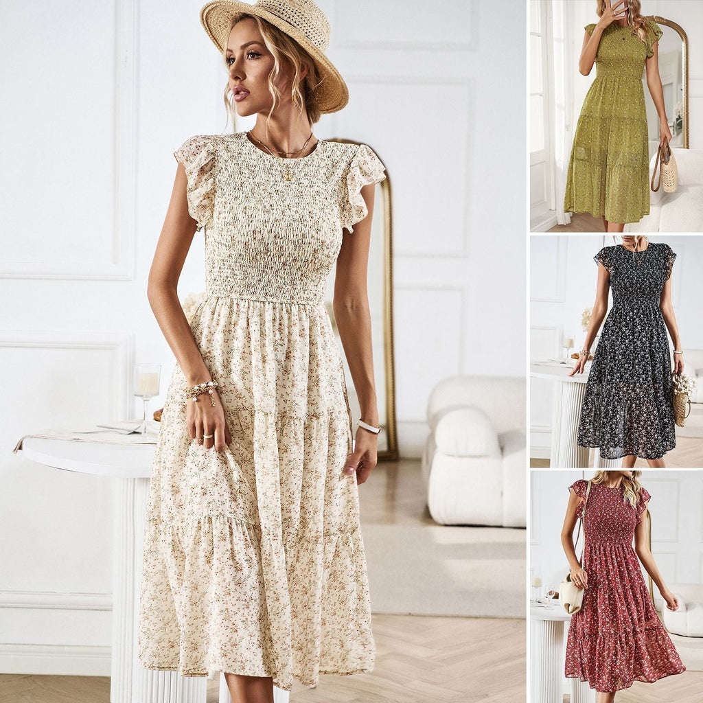 Women's midi dress with floral design and flattering ruffled hem, size [size missing]