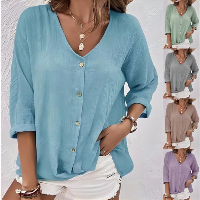 Women's casual blouse with button placket and V-neck, size