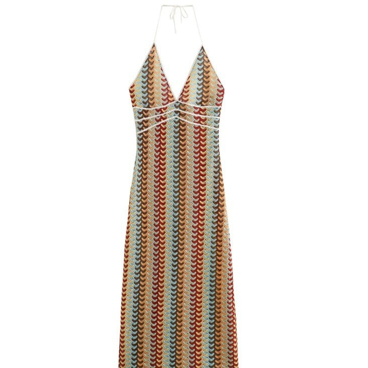 Women's knitted dress with deep V-neck and sophisticated wave pattern, size