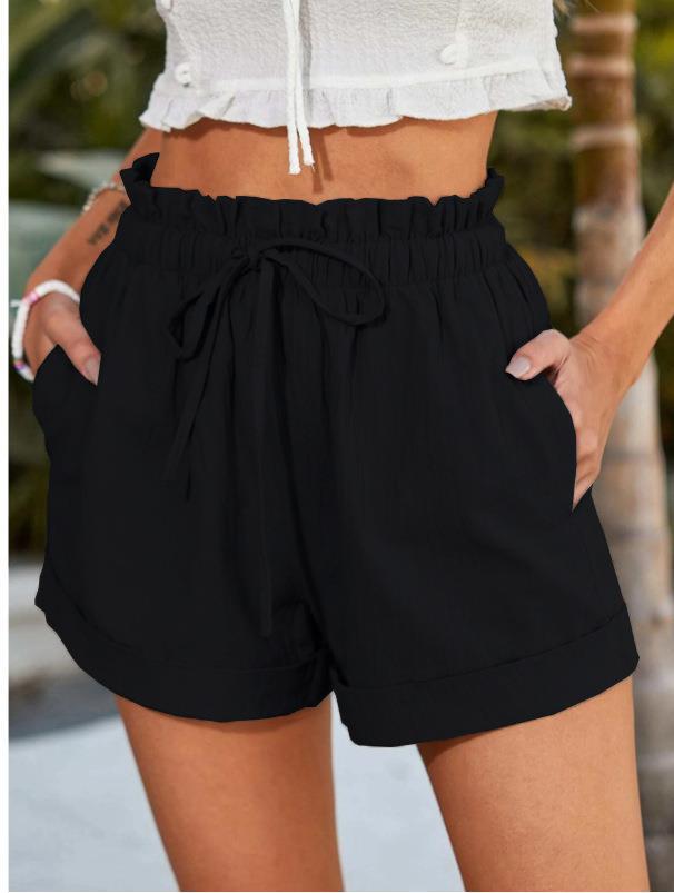 Women's elegant high-waisted fabric shorts with side pockets, size