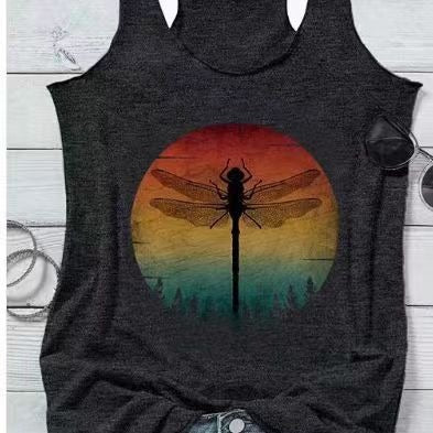 Women's sleeveless graphic top with trendy insect motif, size