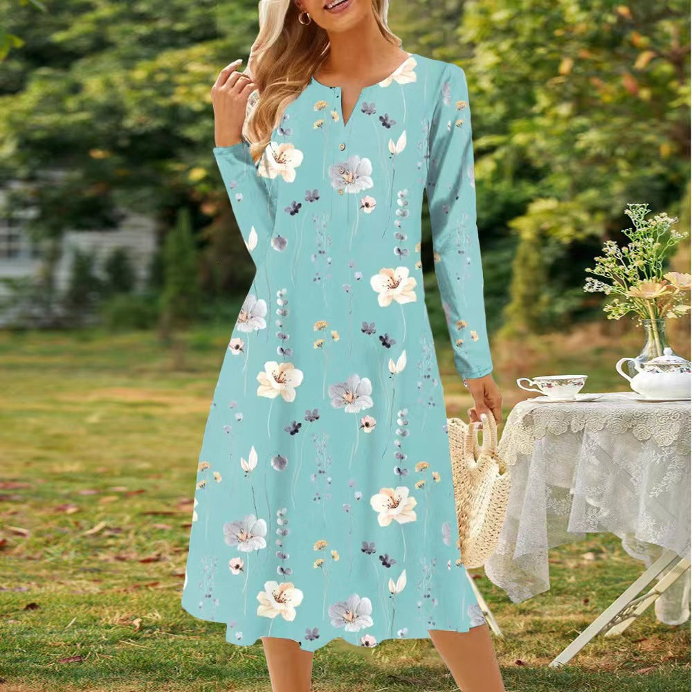 Valenzora | Printed V-neck button-up long-sleeved dress