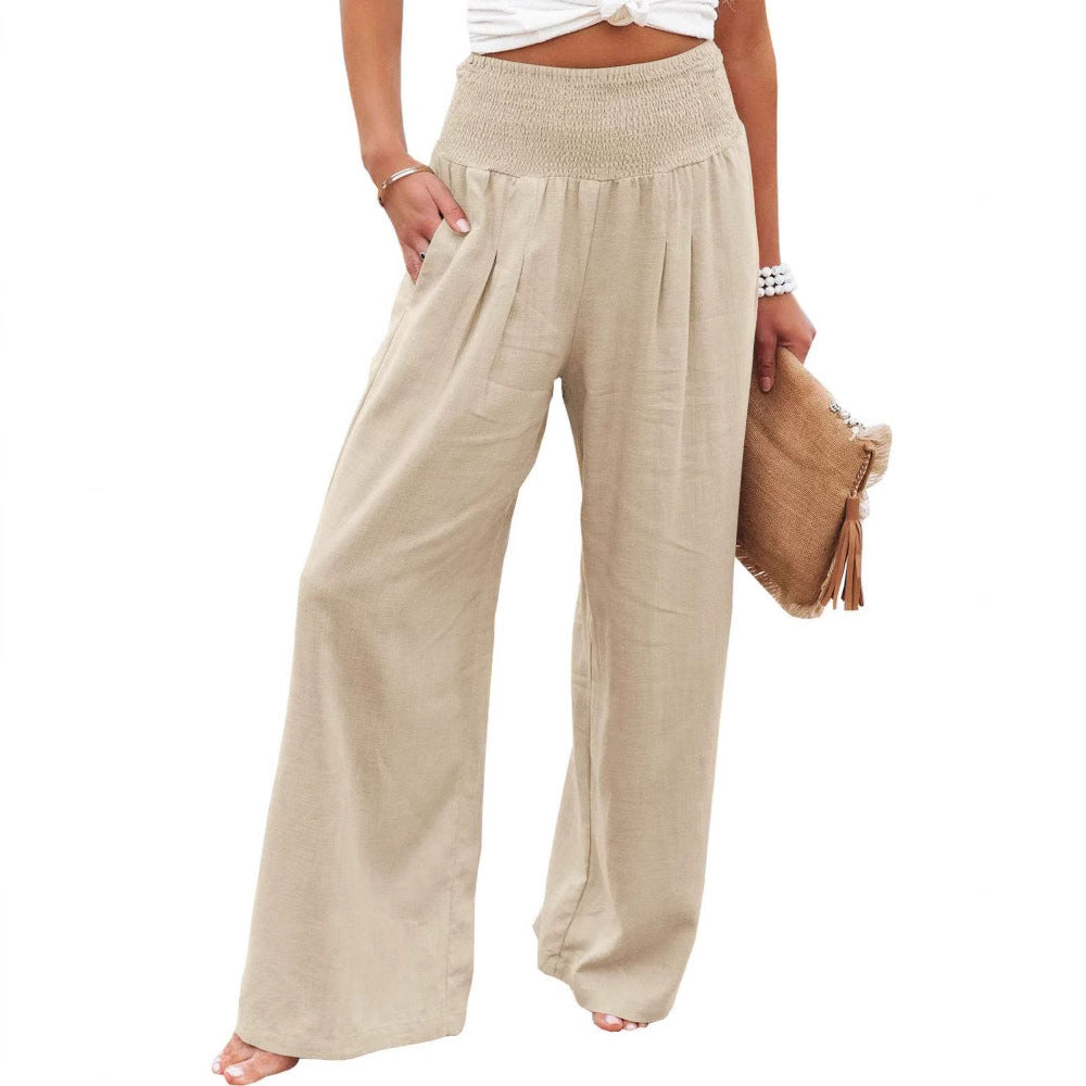 Women's wide-legged linen trousers with elasticated waistband and pleats, size