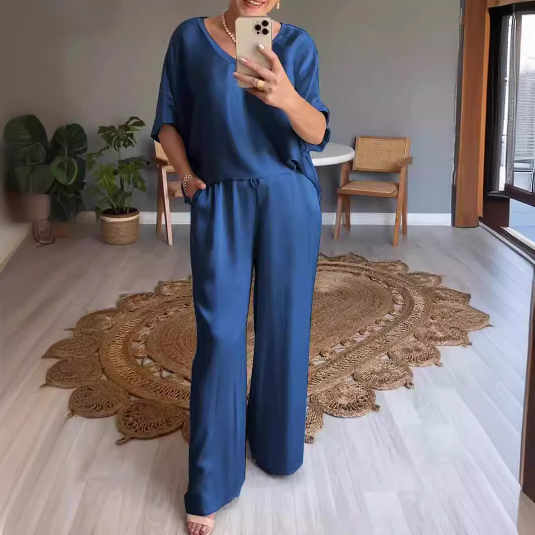 Valenzora | Solid color, silky V-neck casual suit