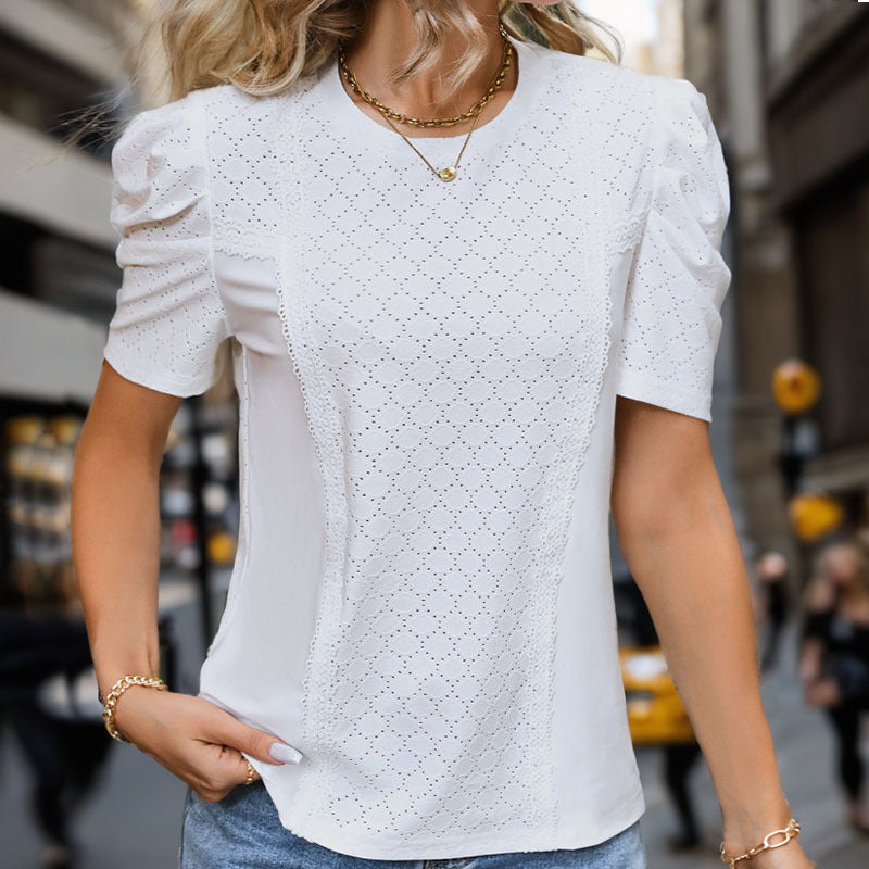 Women's elegant blouse with lace details and puff sleeves, size