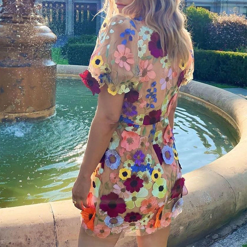 Valenzora | 3D Floral Bodysuit Lantern Sleeve Embroidered Dress