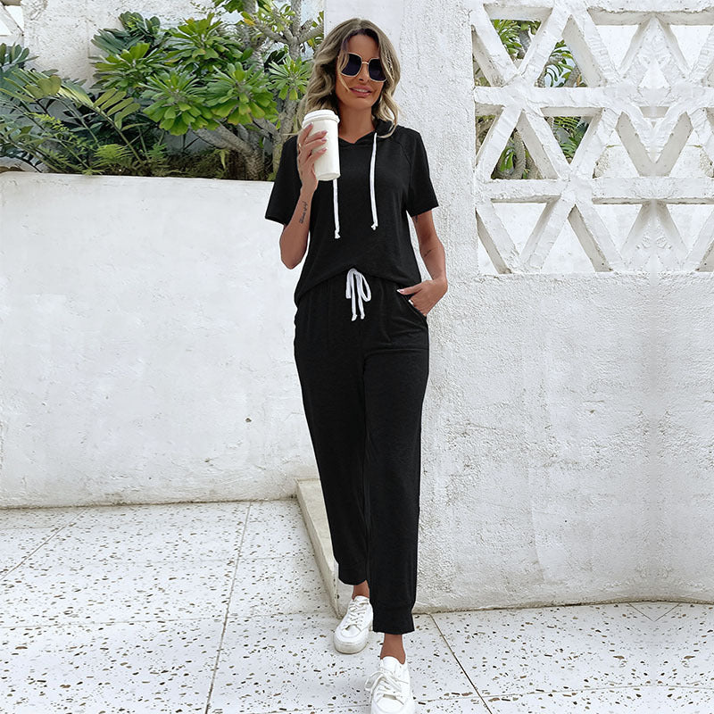 Women's jumpsuit with comfortable drawstring and casual short-sleeved design, size S