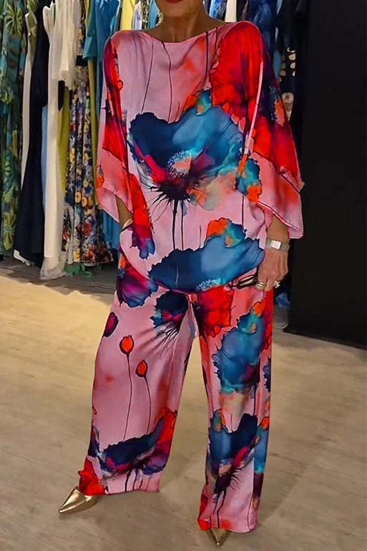 Valenzora | Elegantes, weit geschnittenes Set aus bedrucktem Satin mit einem Schulterträger