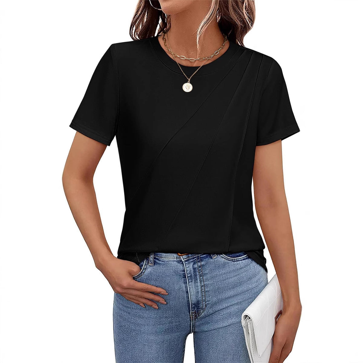 Valenzora | Solid color striped loose round neck short sleeve top