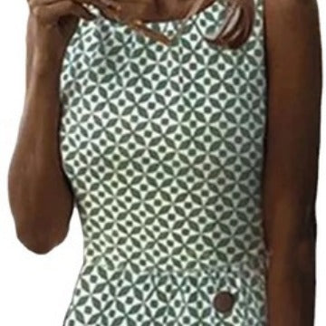 Valenzora | Sleeveless printed green button-up casual dress