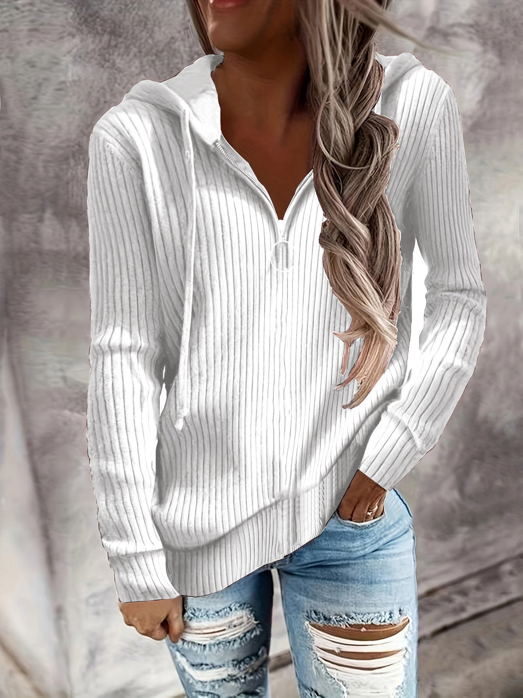 Damen-Kapuzen-Sweatshirt in elegantem Rippstrickdesign mit praktischem Reißverschluss, Größe [Größenangabe fehlt]