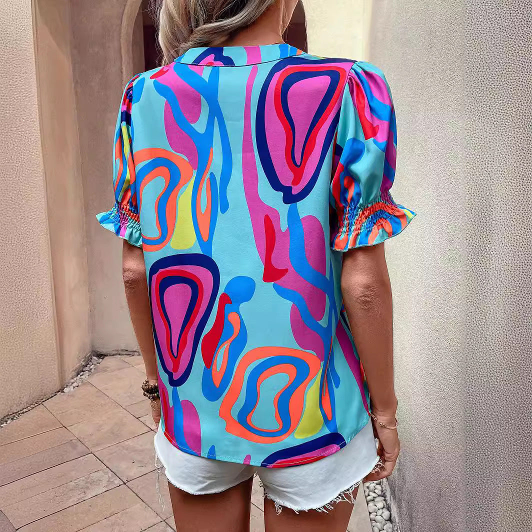 Valenzora | Abstract Print Puff Sleeve Short Shirt