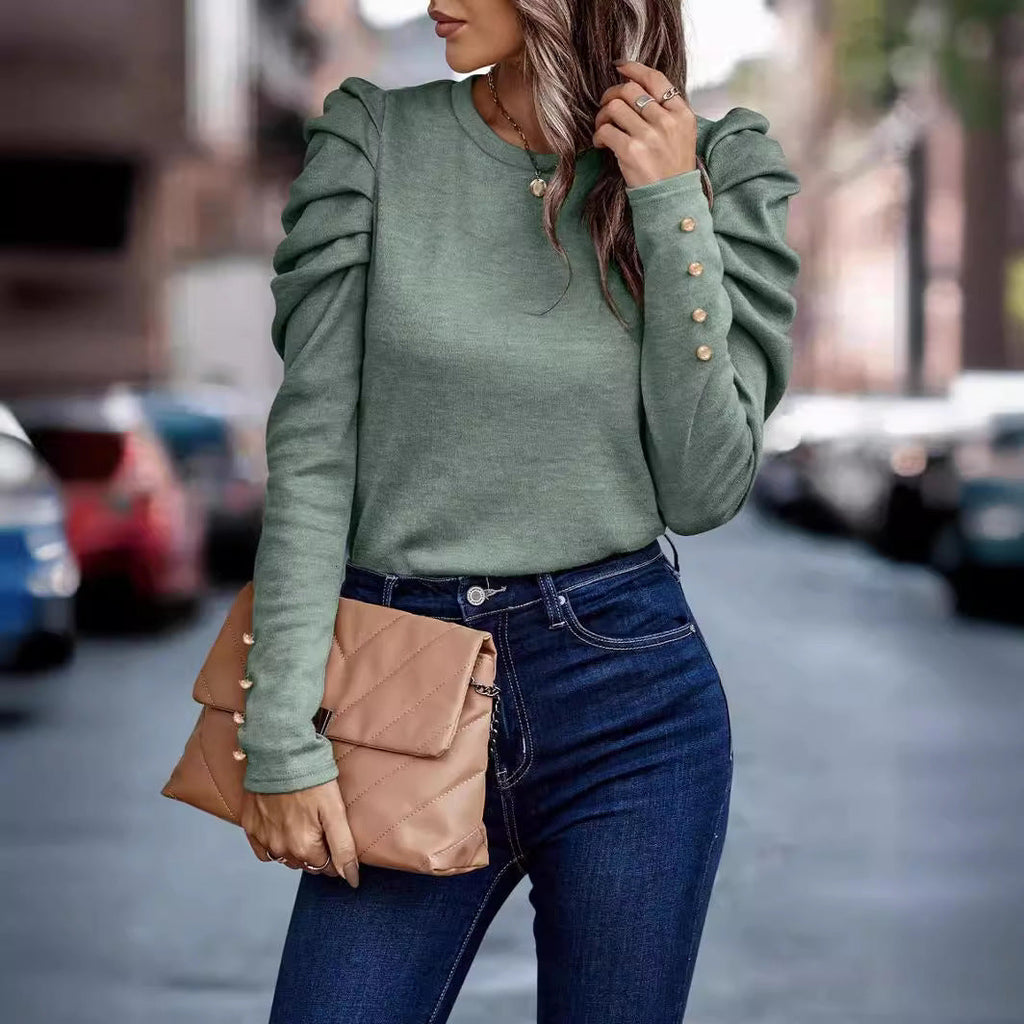 Women's relaxed sweater with fashionable ruffle details and high-set sleeves, size S
