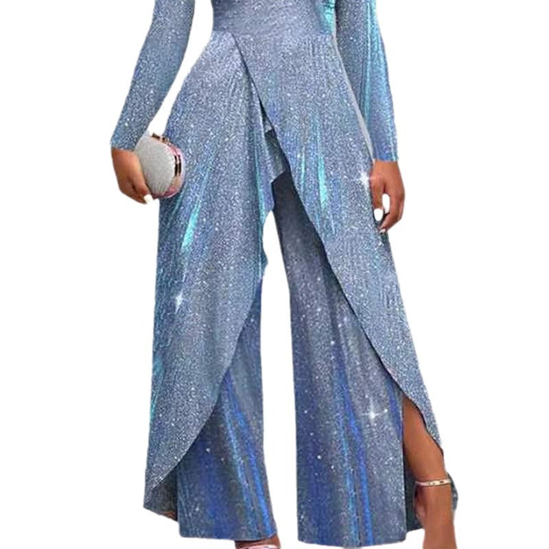 Women's glamorous jumpsuit with shimmering sequin trim and elegant cut-outs, size Valenzora