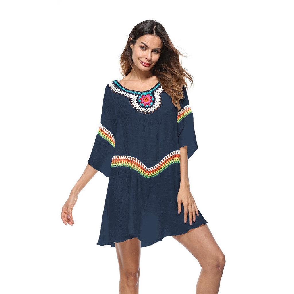 Women's beach tunic with colorful embroidery and wide sleeves, size S