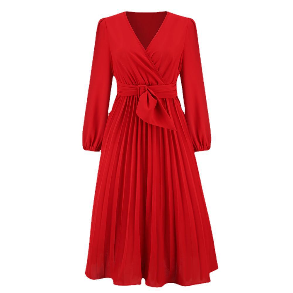 Damen Wickelkleid mit Plisseefalten und elegantem Taillengürtel, Größe