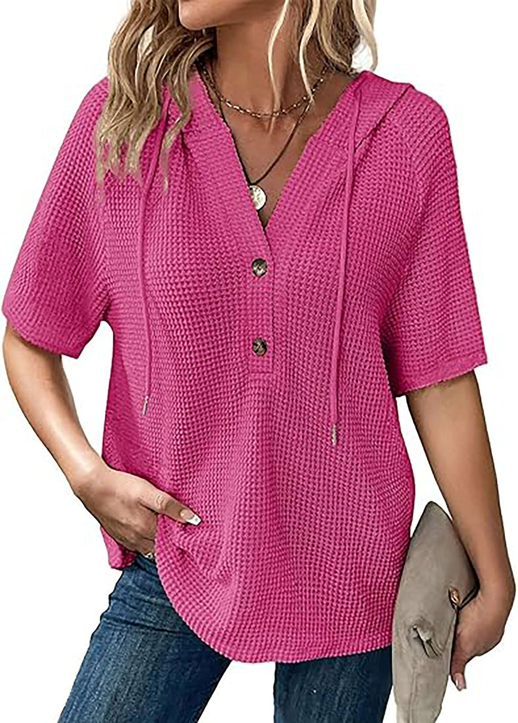 Women's casual hooded blouse with button closures