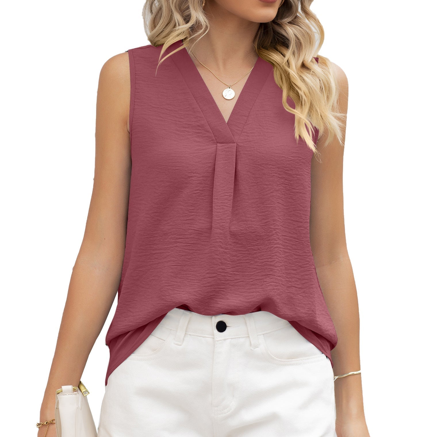 Women's sleeveless blouse with elegant V-neck and decorative pleats, size S