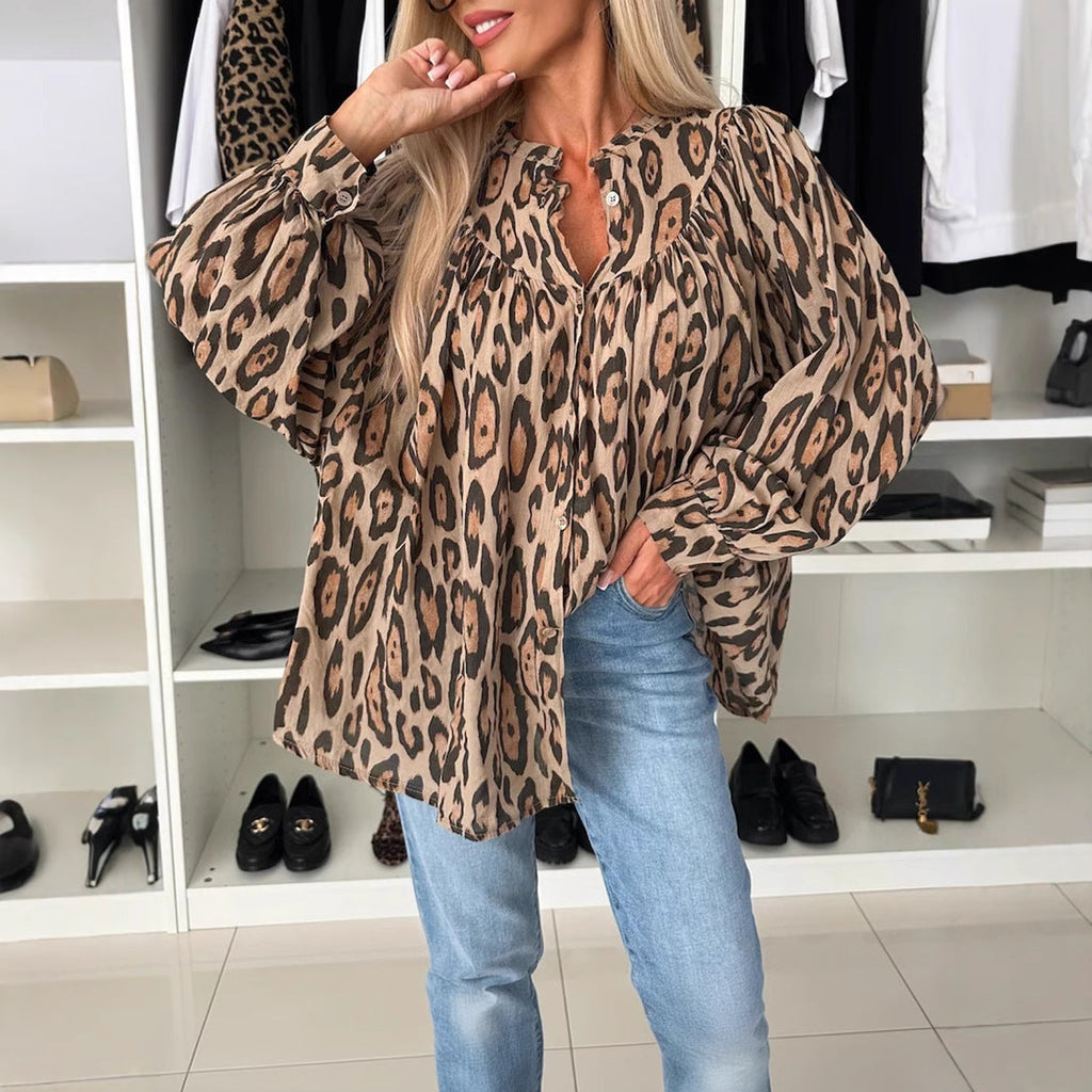 Women's blouse with voluminous sleeves and luxurious leopard print, size S