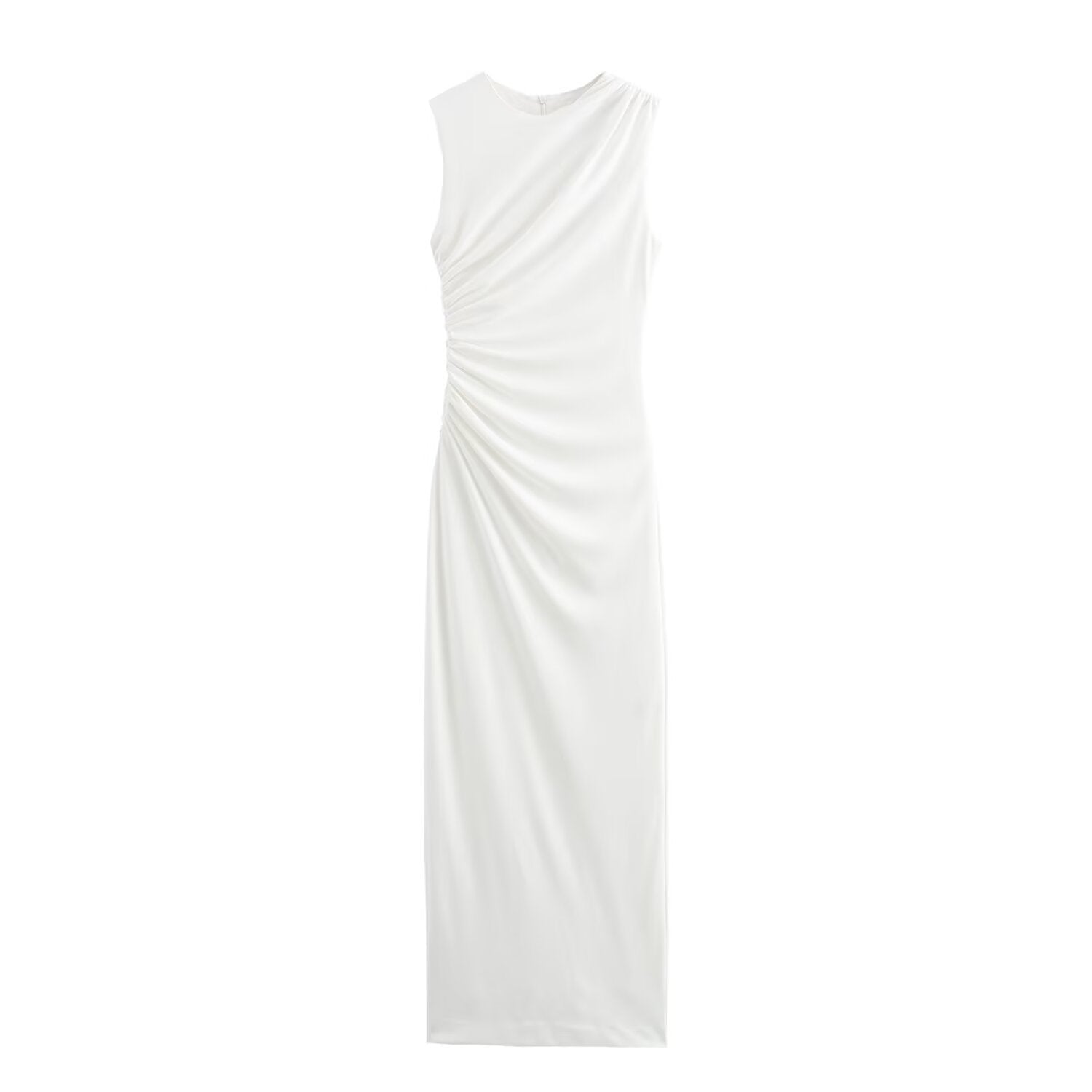 ValenzoraMODE | Solid Color Round Neck Sleeveless Pleated Slim Fit Dress