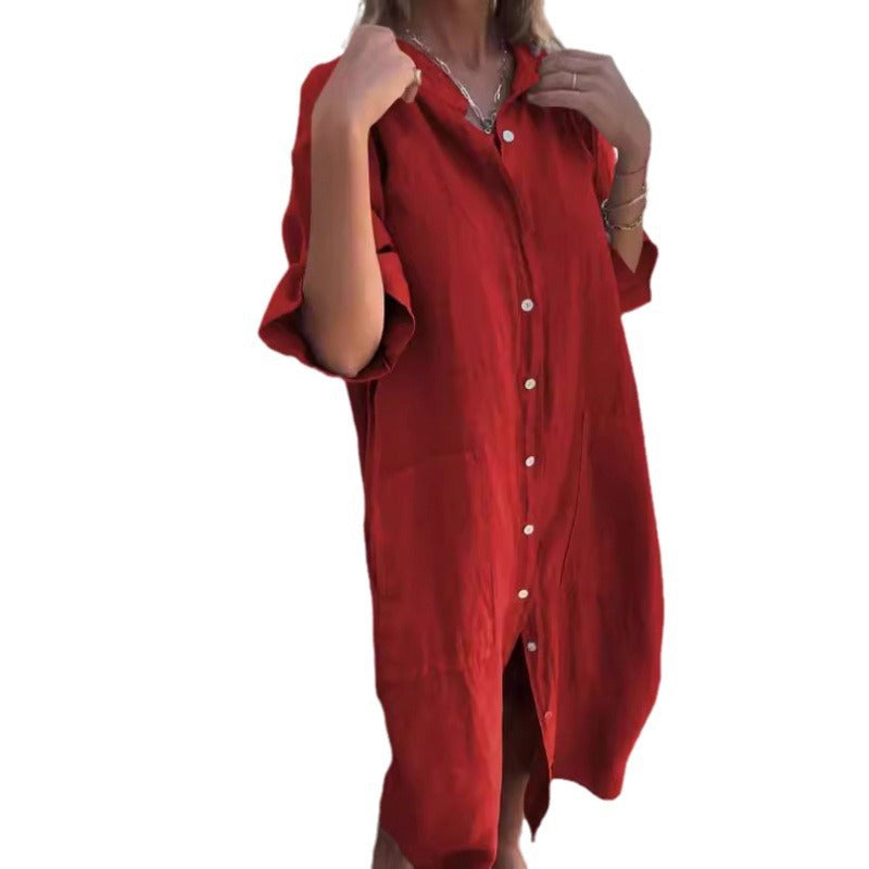 Valenzora | Loose, casual cotton-linen shirt dress with half sleeves