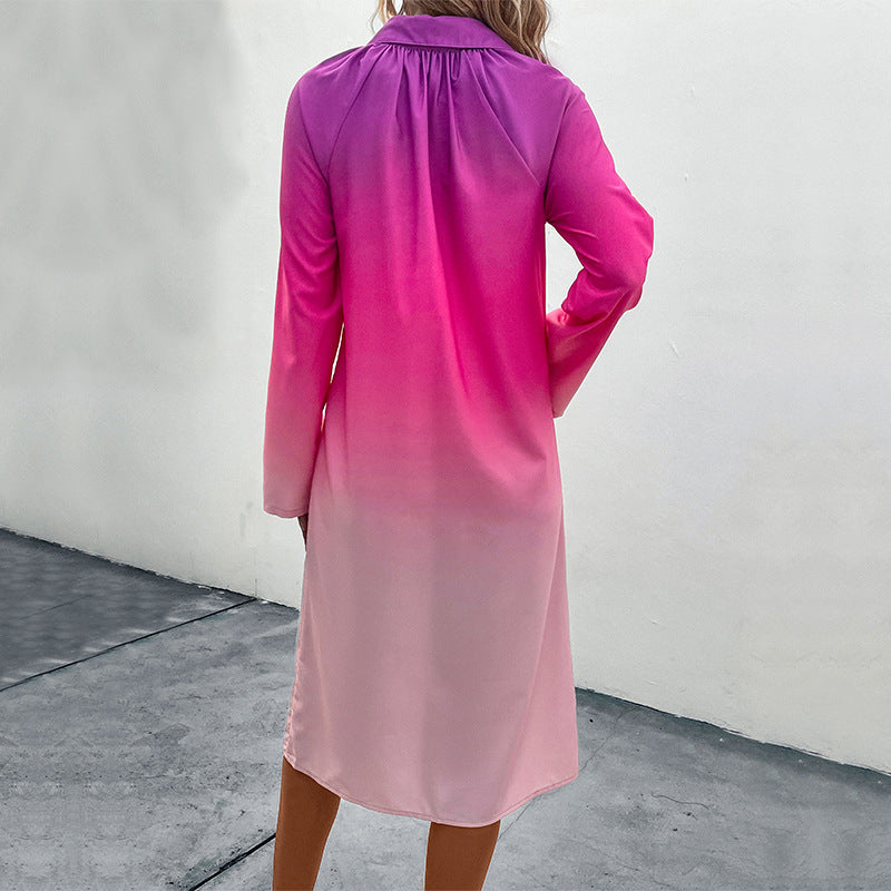 Women's midi dress with a modern color gradient and elegant shirt collar, size