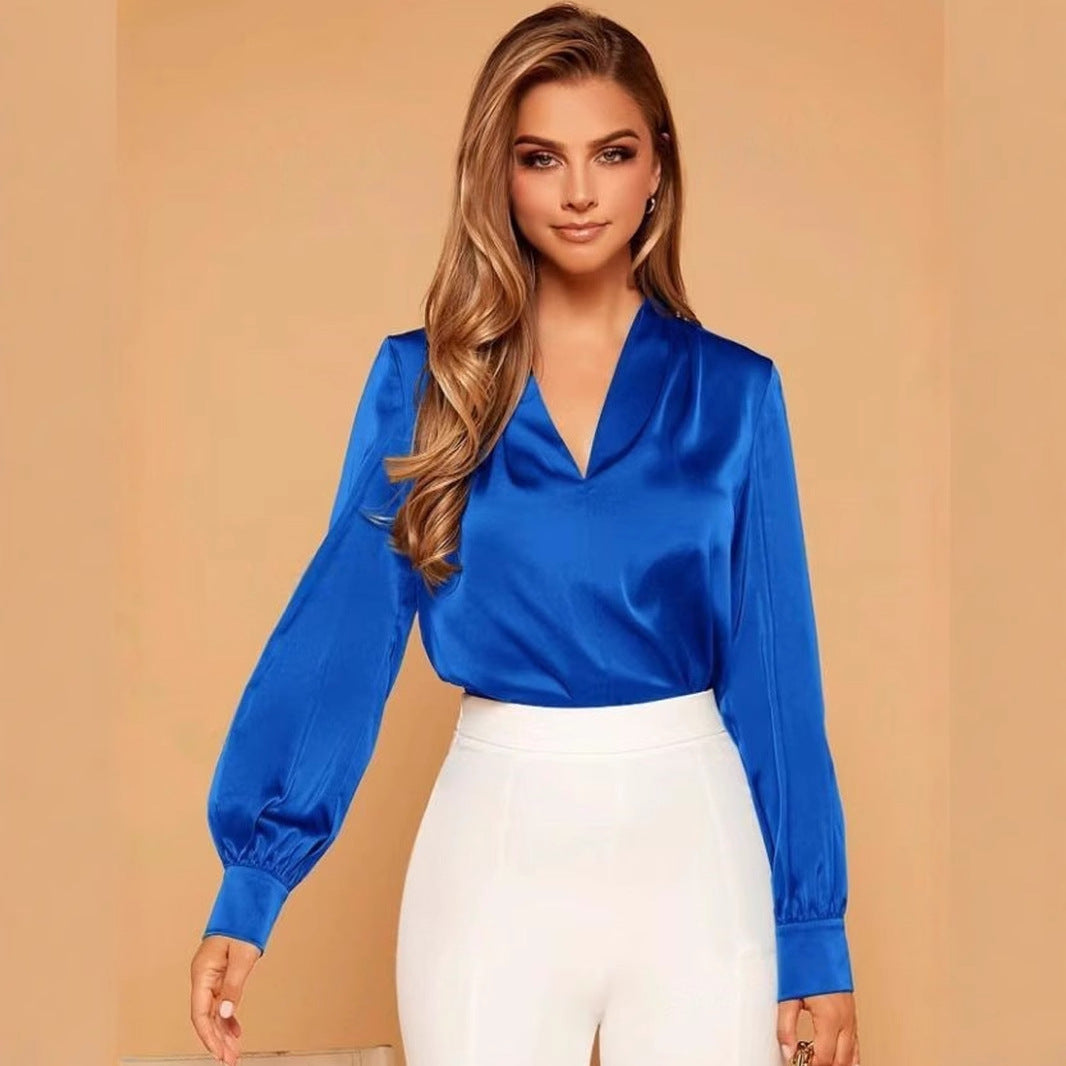 Valenzora | V-neck long-sleeved satin blouse